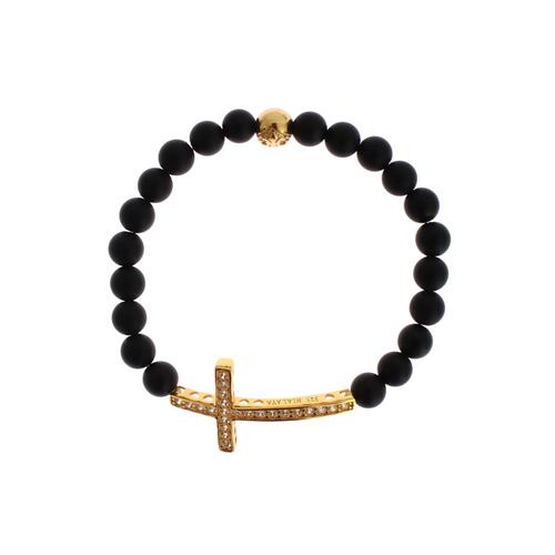 Authentic NIALAYA Bracelet with Matte Onyx Beads and CZ Diamond Cross XS Women