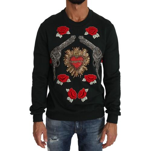 Dolce & Gabbana Green Cotton Crystal Heart Roses Embroidered Pullover Sweater 48 IT Men