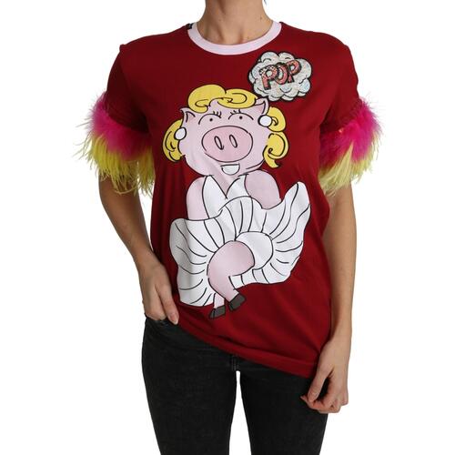 New Dolce & Gabbana Short Sleeves Crew Neck T-shirt with Pig Print Embroidery 38 IT Women