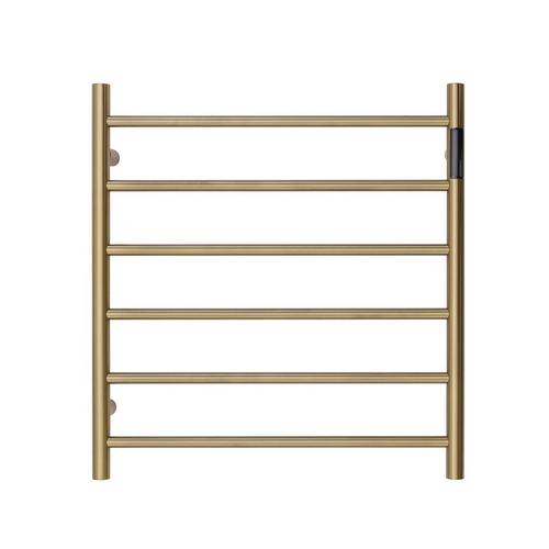 Premium Brushed Gold Heated Towel Rack with LED control- 6 Bars, Round Design, AU Standard, 650x620mm Wide