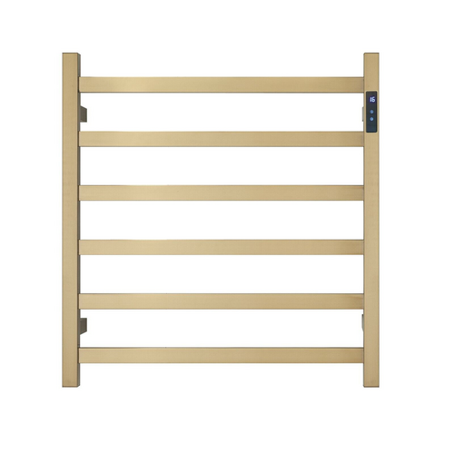 Premium Brushed Gold Heated Towel Rack with LED control- 6 Bars, Square Design, AU Standard, 650x620mm Wide