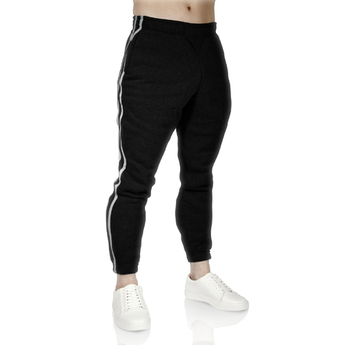 Mens Fleece Skinny Track Pants Jogger Gym Casual Sweat Trackies Warm Trousers - Black/White Stripe - M