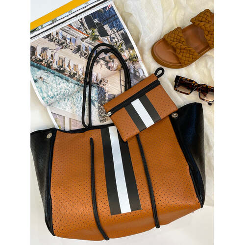 Neoprene Bag - Vegan Tote - 2 Piece Set - Stripe - Tan & Black