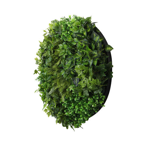 Slimline Artificial Green Wall Disc Art 90cm Mixed Green Fern (Black)